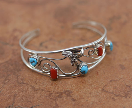 Navajo Silver Turquoise Coral Bracelet by C Nez