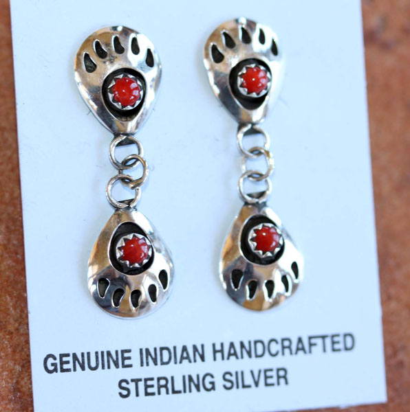 Navajo Coral Bear Paw Earrings by M Thomas