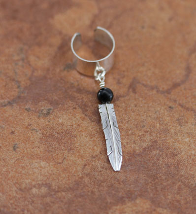 Navajo Silver Onyx Feather Ear Cuff