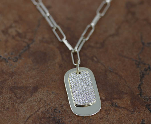 Rhodium Plated Cubic Zirconia Dog Tag Necklace