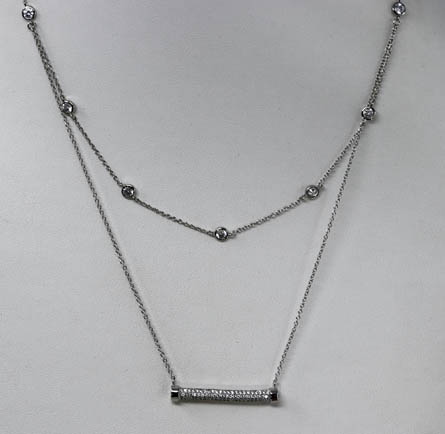 Rhodium Plated Double Strand Cubic Zirconia Bar Necklace