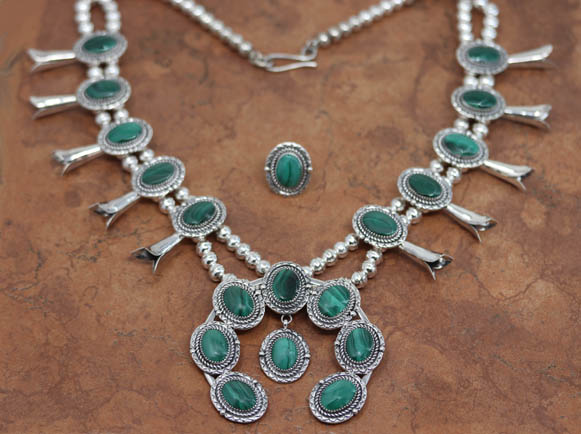 Nakai Navajo Malachite Squash Blossom Necklace Set