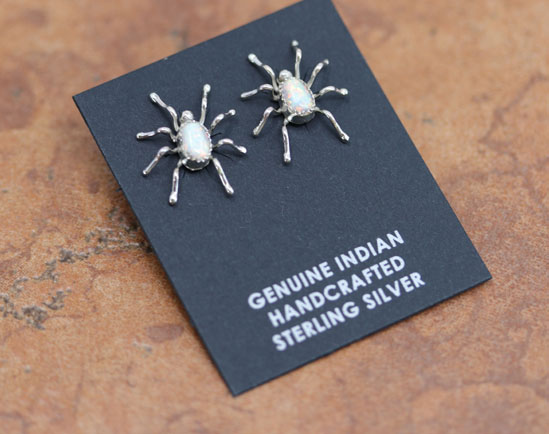 Navajo Silver Created Opal Spider Earrings