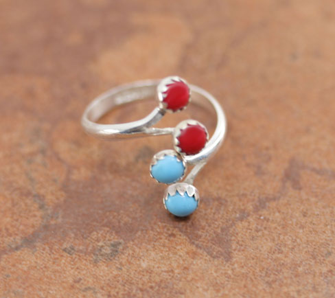 Navajo Silver Turquoise Coral Ring Size 6_9