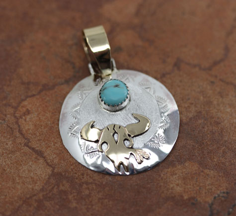 Navajo Silver Gold Turquoise Bull Pendant