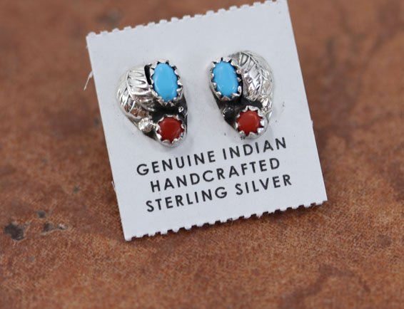 Navajo Silver Turquoise Coral Earrings