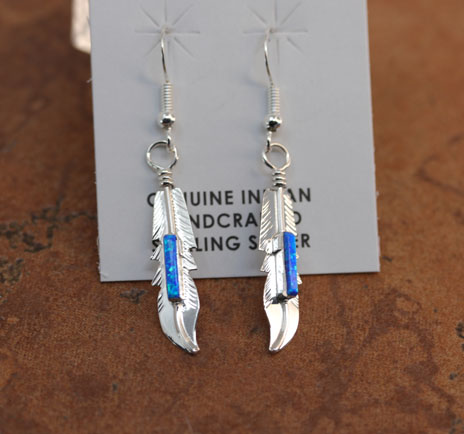 Navajo Silver Created Opal Feather Earrings