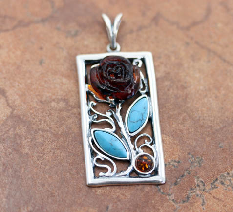 Sterling Silver Baltic Amber Turquoise Rose Pendant