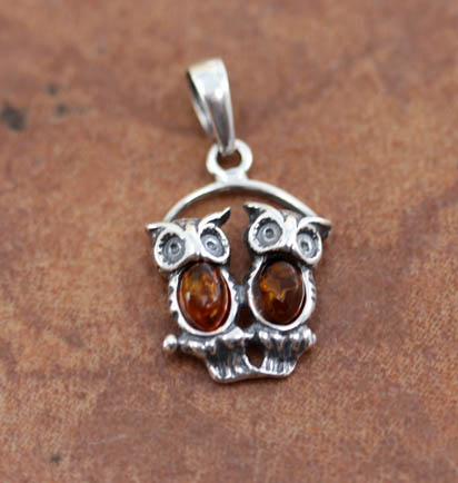 Sterling Silver Baltic Amber Owl Pendant