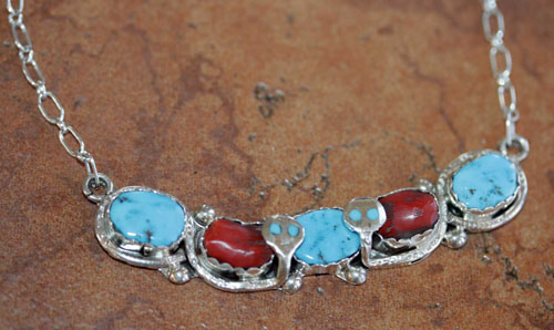 Zuni Silver Turquoise Coral Necklace By E Calavaza