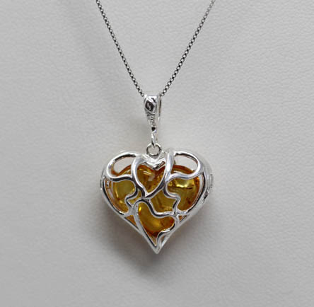 Sterling Silver Baltic Amber Heart Pendant with Chain