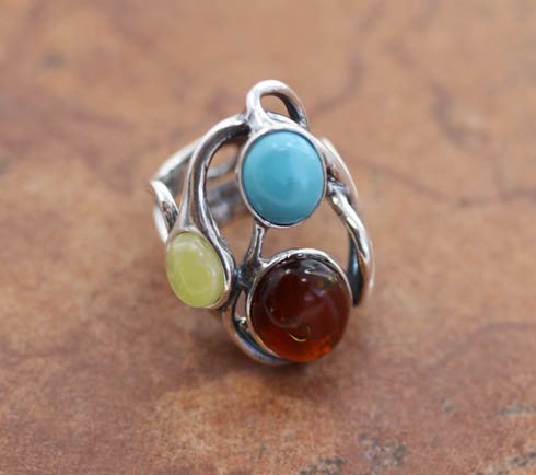 Sterling Baltic Amber Turquoise Ring Size 6_9