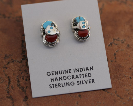 Zuni Silver Turquoise Coral Earrings by E Calavaza