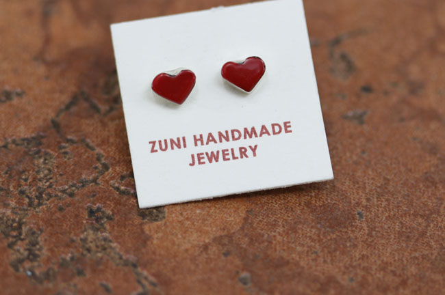 Zuni Silver Coral Heart Earrings