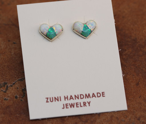 Zuni Silver Created Opal Heart Earrings