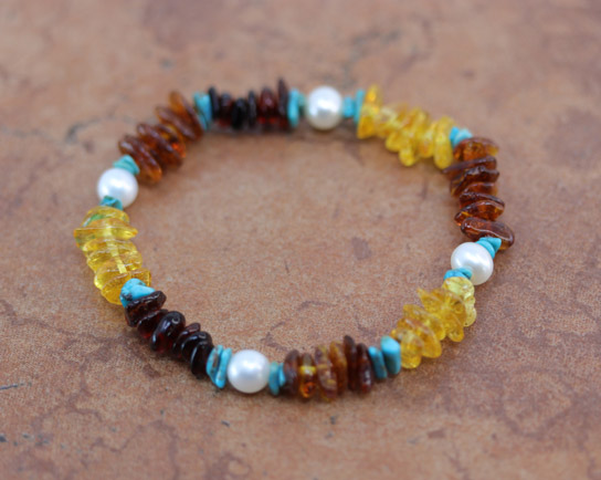 Baltic Amber Turquoise Pearl Stretch Bracelet