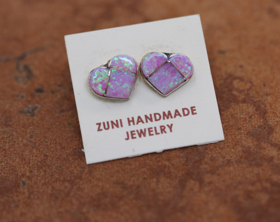 Zuni Silver Created Opal Heart Earrings