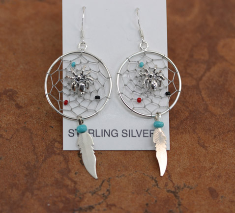 Silver Dream Catcher Spider Earrings