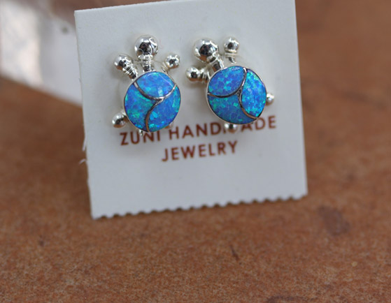 Zuni Sterling Created Opal Turtle Earrings