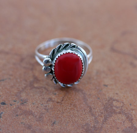 Navajo Silver Coral Ring Size 7 1/2