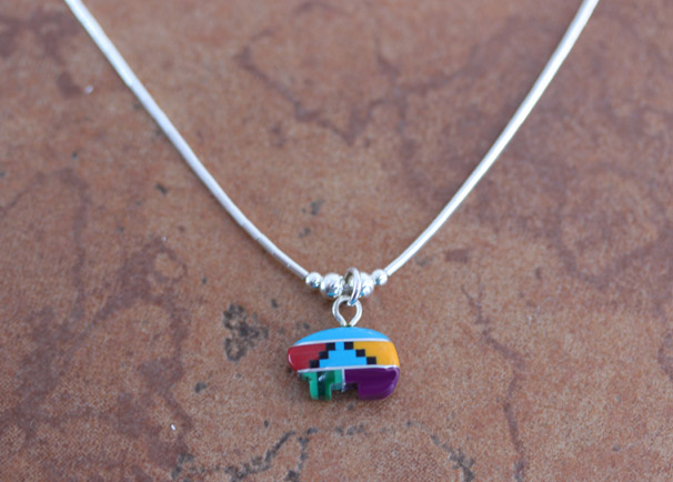 Silver Multi_Color Inlay Bear Necklace