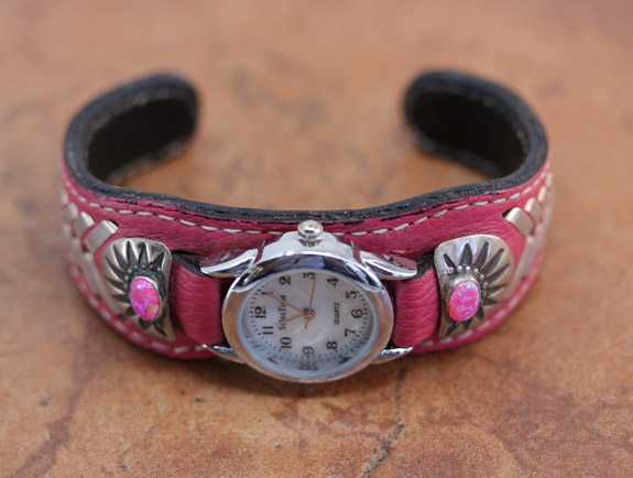 Navajo Pink Leather Ladies Watch Bracelet