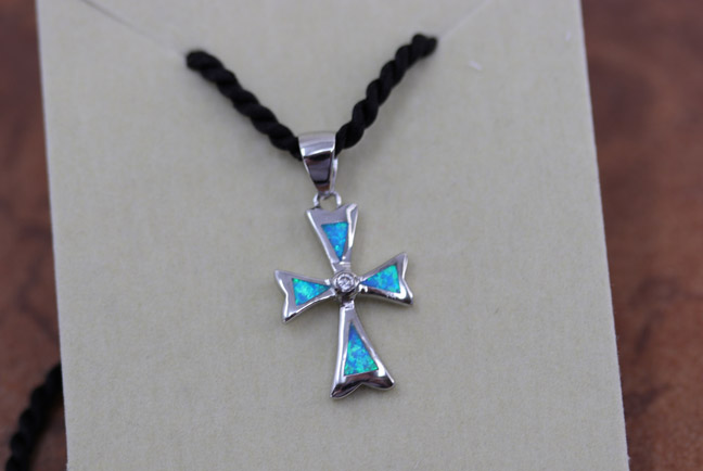 Silver Created Opal Cross Pendant