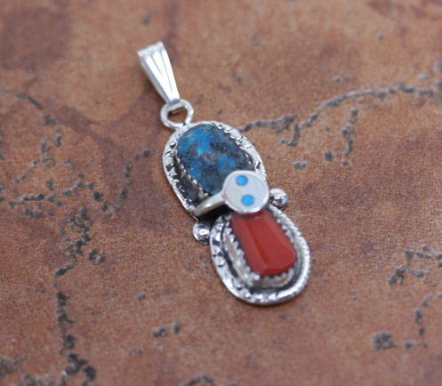 Zuni Silver Coral Turquoise Pendant by Effie C
