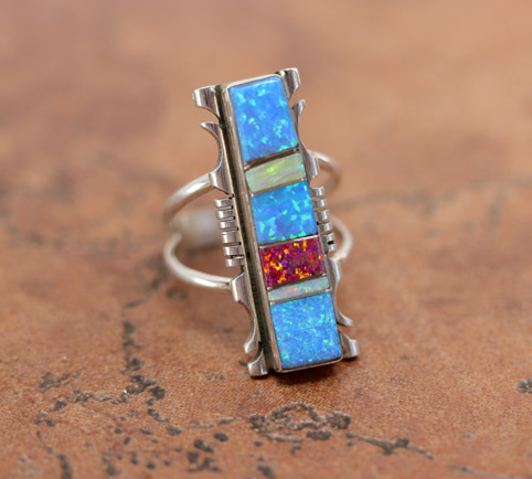 Navajo Silver Created Opal Ring Size 9