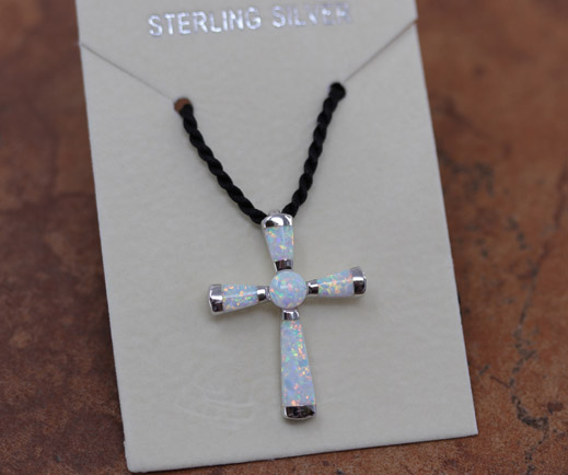 Silver Created Opal Cross Pendant