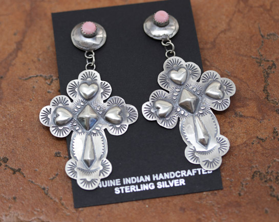 Navajo Sterling Silver Pink Quartz Cross Earrings