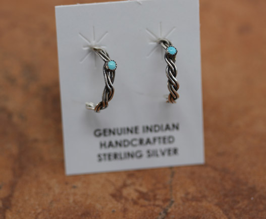 Navajo Silver Hoop Twist Wire Turquoise Earrings