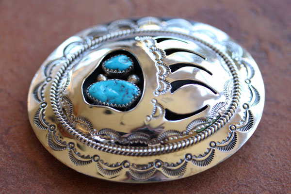Large Navajo Silver Turquoise Bear Paw Belt Buckle