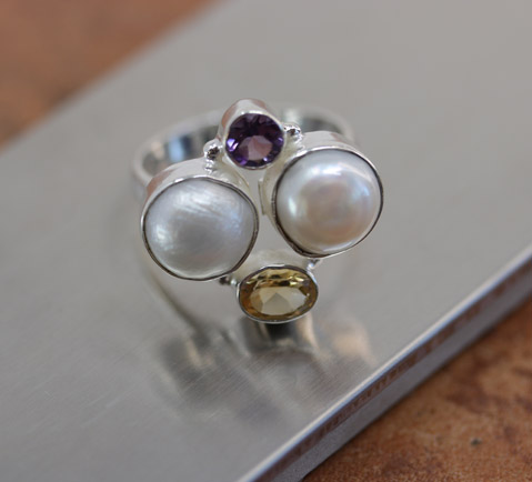 Sterling Silver Pearl Amethyst Ring Size 8 1/2