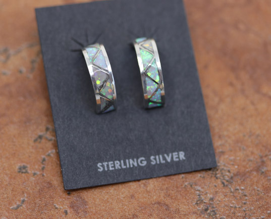 Zuni Silver Created Opal Hoop Earrings