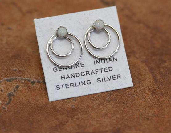 Navajo Silver Circle of Life Created Opal Earrings