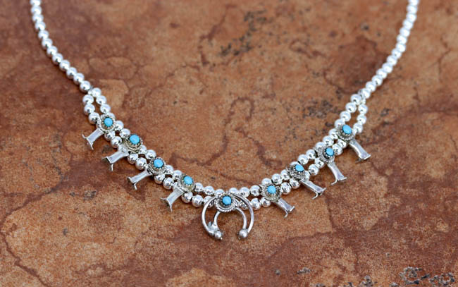 Navajo Silver Turquoise Squash Blossom Choker Necklace
