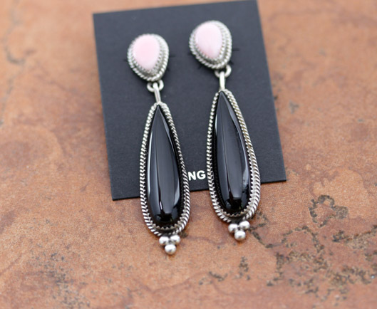 Navajo Silver Pink Quartz Onyx Earrings