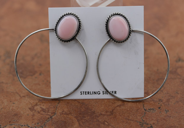 Navajo Silver Pink Quartz Hoop Earrings