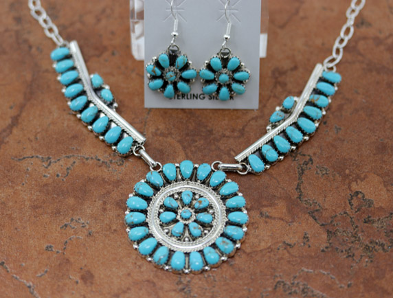 Navajo Silver Turquoise Cluster Necklace Earrings Set