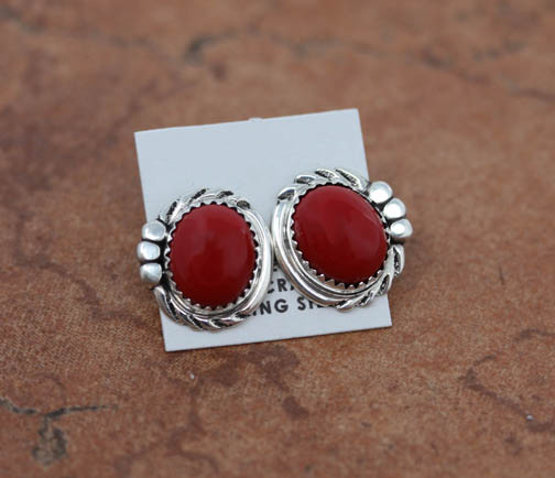 Navajo Silver Coral Earrings by Cadman