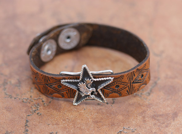 Navajo Silver Leather Star Eagle Bracelet