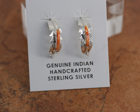 Navajo Silver Feather Spiny Oyster Earrings