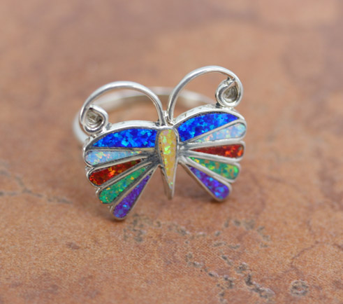 Zuni Silver Butterfly Created Opal Ring Size 10