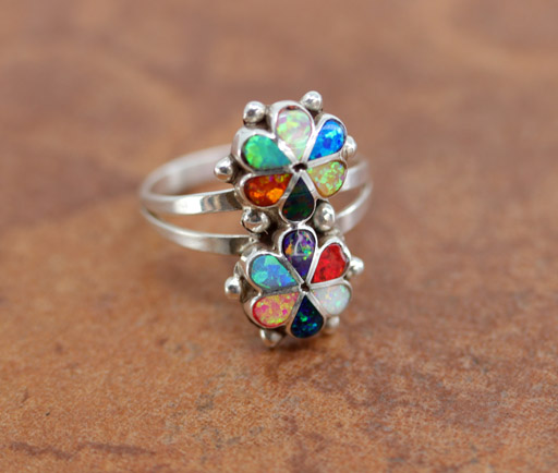 Zuni Silver Created Opal Ring Size 8