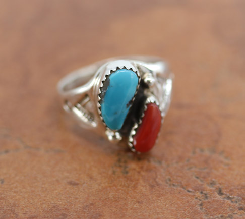 Navajo Silver Turquoise Coral Ring Size 8