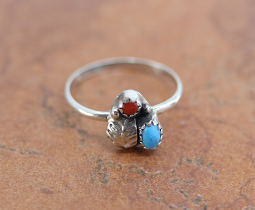 Navajo Silver Turquoise Coral Ring Size 6 1/2