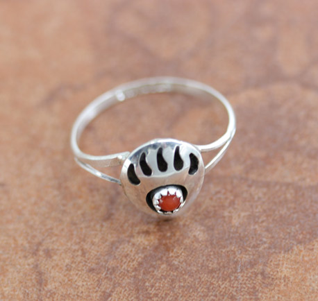 Navajo Silver Coral Bear Paw Ring Size 8