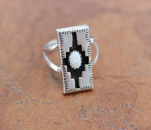 Navajo Silver Created Opal Ring Size 6 1/2