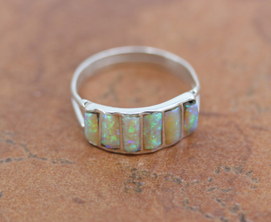 Navajo Silver Created Opal Ring Size 8 1/2